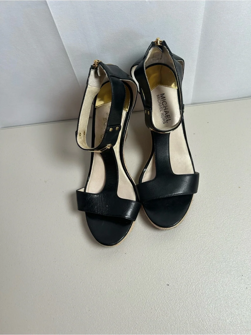 Michael Kors Black Leather Wedge Sandals with Gold Accent In 9M